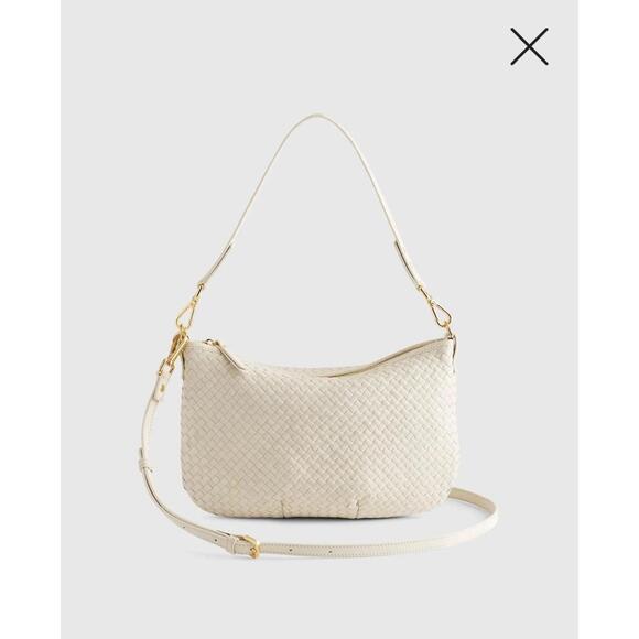 Quince Italian Leather miniConvertibleCrescent Handwoven Shoulder Bag Bone Beige